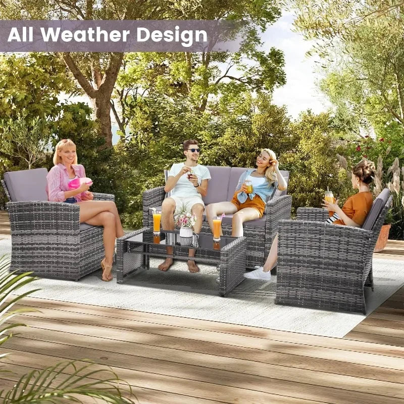 4 Pieces Patio Conversation Set with Cushioned Rattan Sectional Sofa Ideal for Garden Porch and Backyard in Grey Color