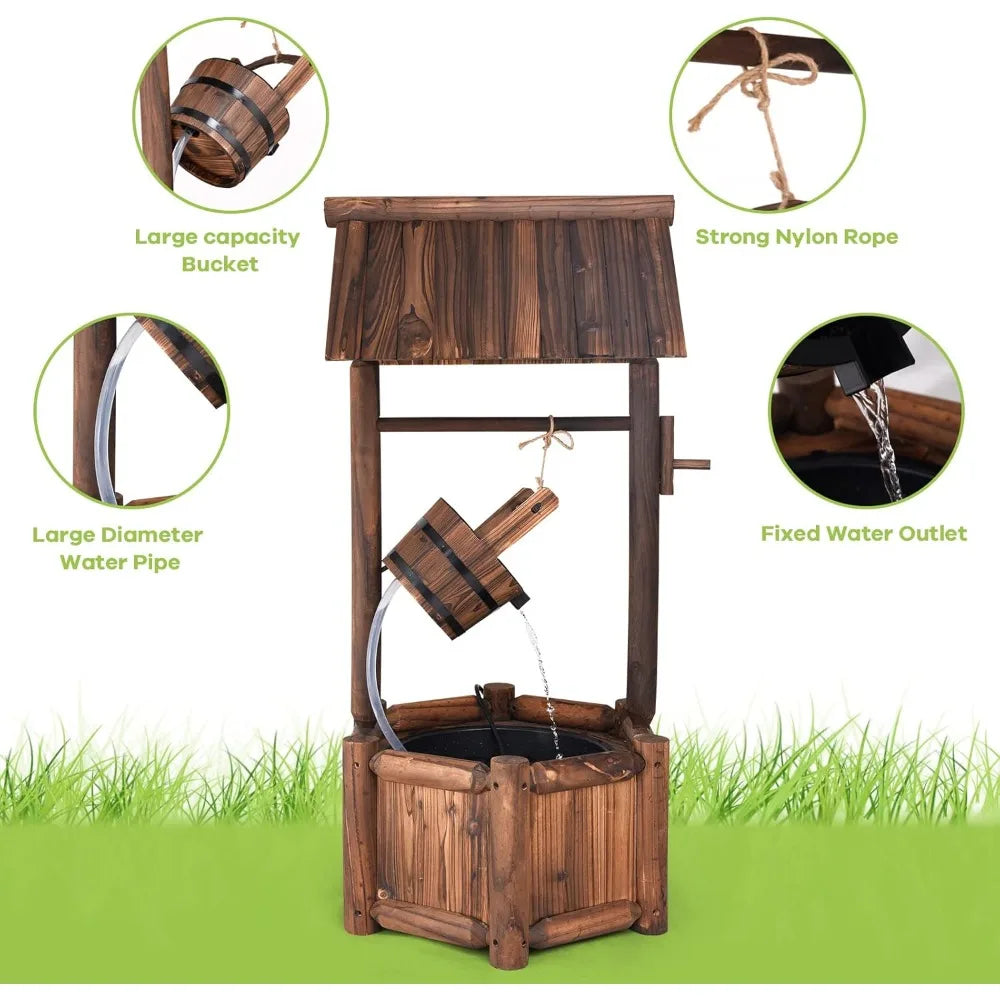 Wishing Well Water Fountain, Rustic Wood Outdoor Waterfall Fountain with UL Certificated, Garden Wishing Well, Electric Pump Wi