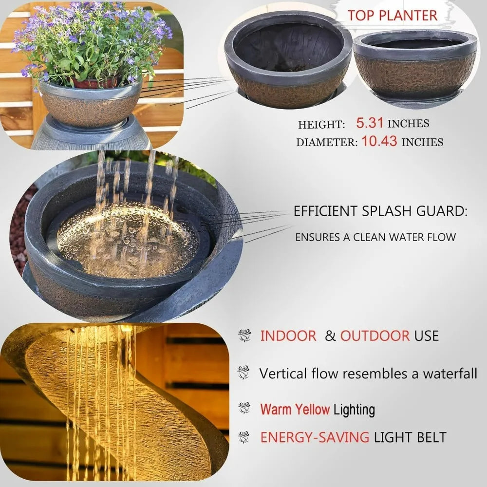 31.9" S-Shaped Water Outdoor Fountain–Modern Cascading Waterfall Feature with LED Lights & Planter Bowl, Garden Fountains Outdoo