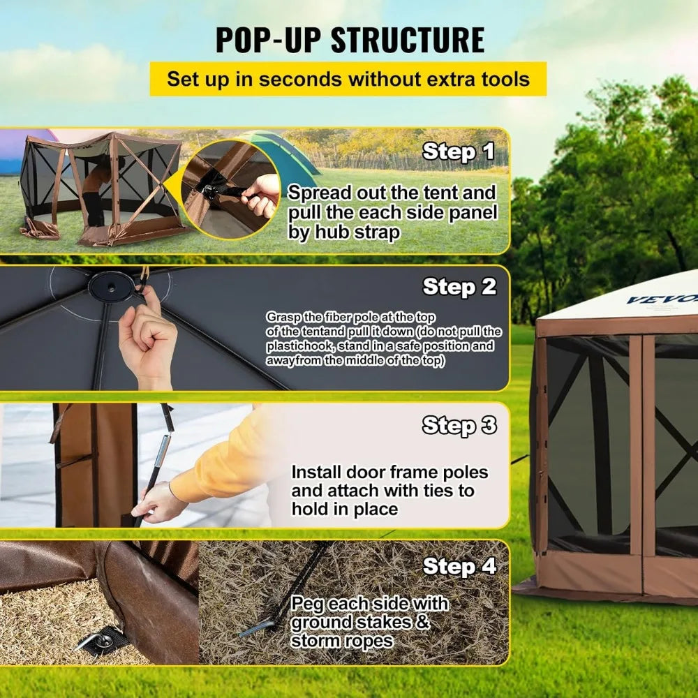 Camping Gazebo Screen Tent 10x10ft 6 Sided Pop Up Canopy Shelter with Mesh Windows Portable Carry Bag and Stakes Large