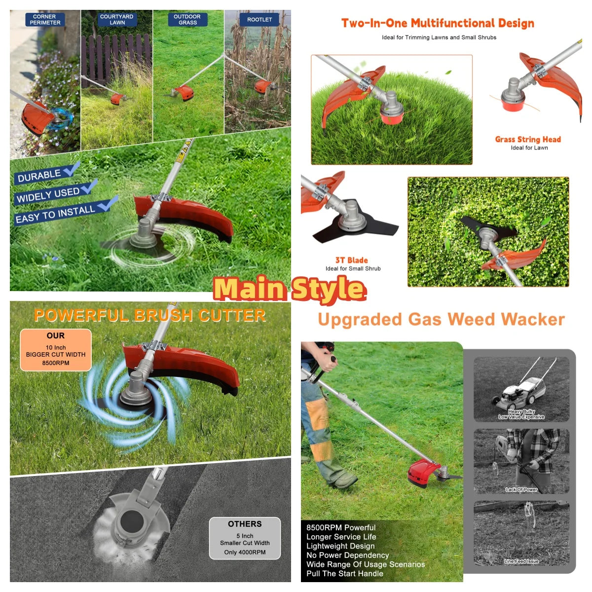 2200W Cordless Petrol Weed Eater 52CC 8500RPM Ergonomic String Trimmer Low Noise 2 In 1 Lawn Mower Machine