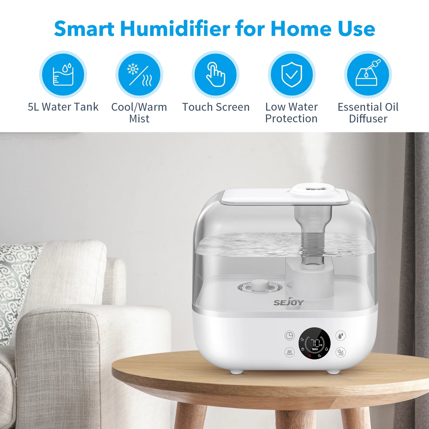 Sejoy Cool Mist Humidifiers for Bedroom Large Room 5L with Essential Oil Ultrasonic Humidifier for Home Baby Office Bedroom