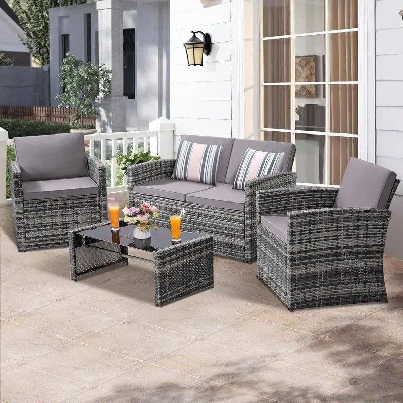 4 Pieces Patio Conversation Set with Cushioned Rattan Sectional Sofa Ideal for Garden Porch and Backyard in Grey Color