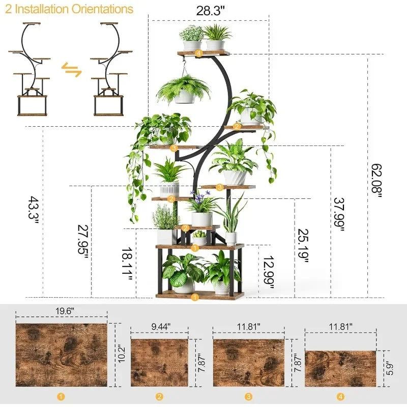 Home Plant Stand Indoor with Grow Lights 62 Inch Tall 8 Tiered Black Plant Shelf for Large Indoor Plants