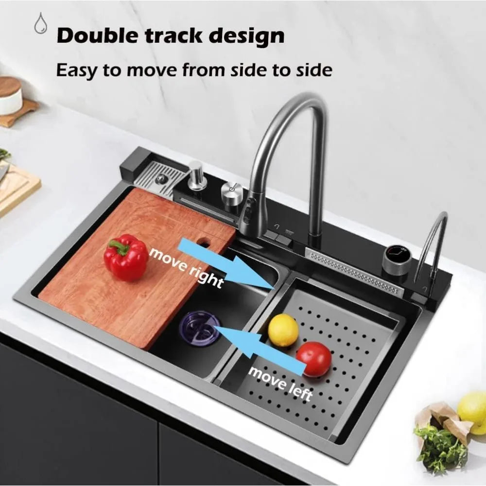 33x22 Inch Nano Black Kitchen Single Bowl Sink With Flying Rain Waterfall, Integrated Workstation, Pull-Out Tap, Drain Basket, T