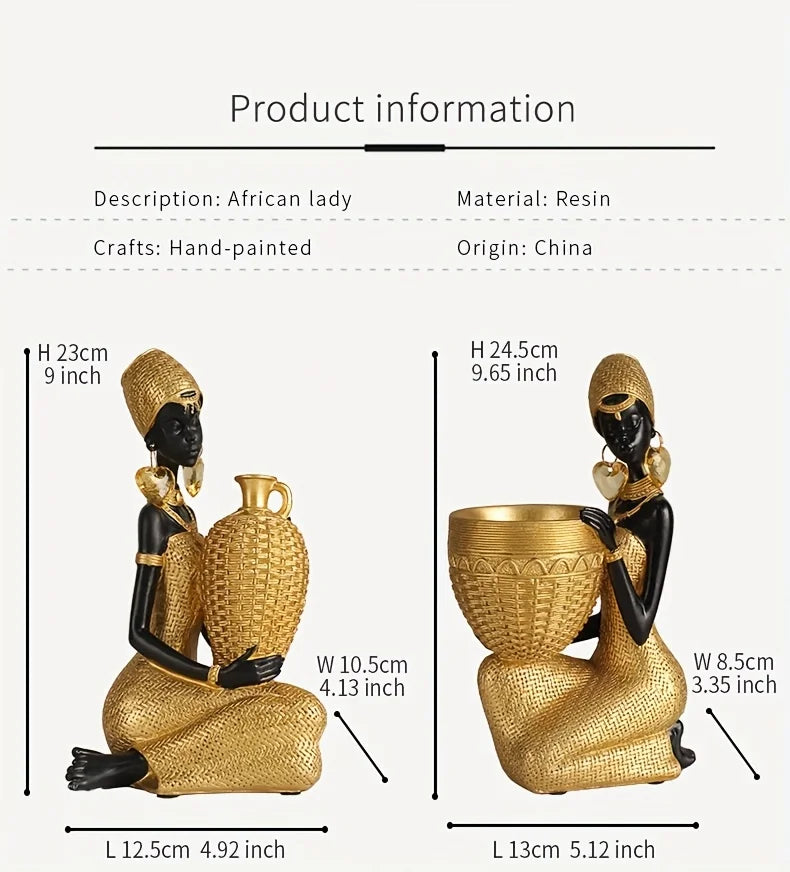 African Lady Resin Figurine with Woven Texture, Home decoration, Elegant Golden Black Sculpture, Decorative Statue For Gift