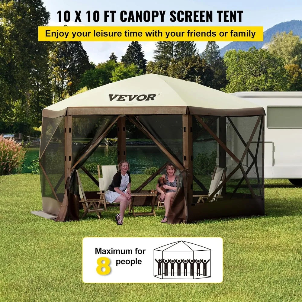 Camping Gazebo Screen Tent 10x10ft 6 Sided Pop Up Canopy Shelter with Mesh Windows Portable Carry Bag and Stakes Large
