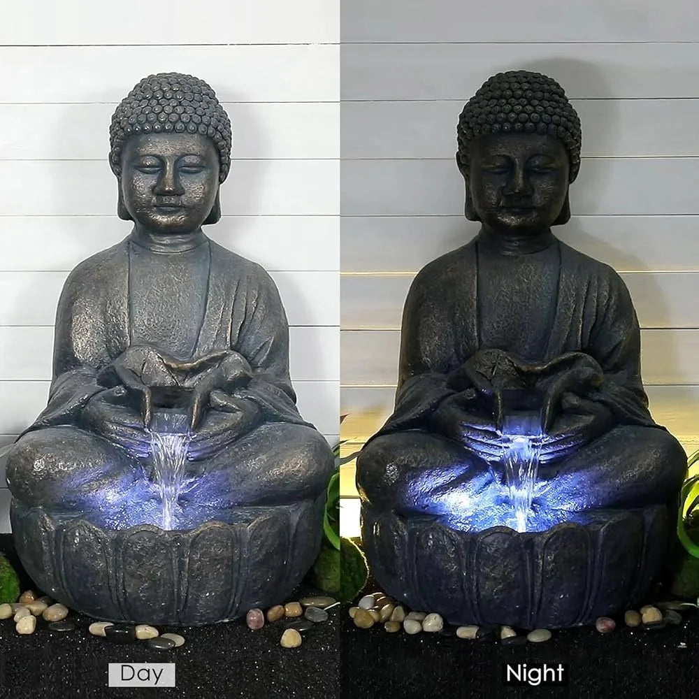 Buddha Water Fountain 28.3 Inch Zen Garden Decor Meditating Buddha Waterfall Relaxing Indoor Outdoor Feature with LED Light
