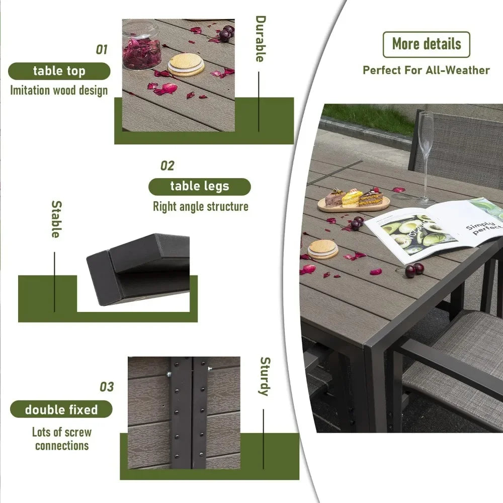 7 Piece Patio Dining Set with Weather Resistant Table and 6 Stackable Textilene Chairs for Garden Outdoor Furniture Set