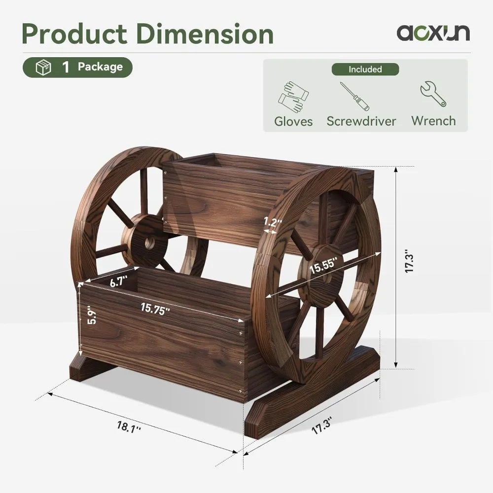 2 Tier Planter for Outdoor Plants Garden Decor Flower Pots Patio Decoration Herb Cart with Rustic Wood Wheels