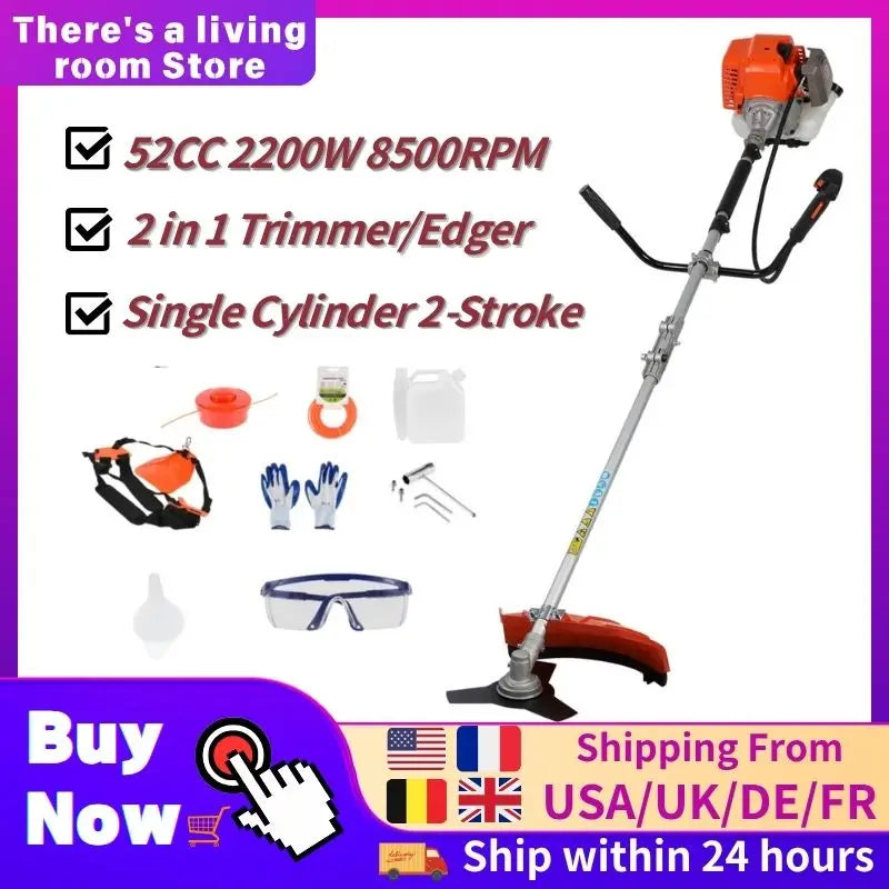2200W Cordless Petrol Weed Eater 52CC 8500RPM Ergonomic String Trimmer Low Noise 2 In 1 Lawn Mower Machine