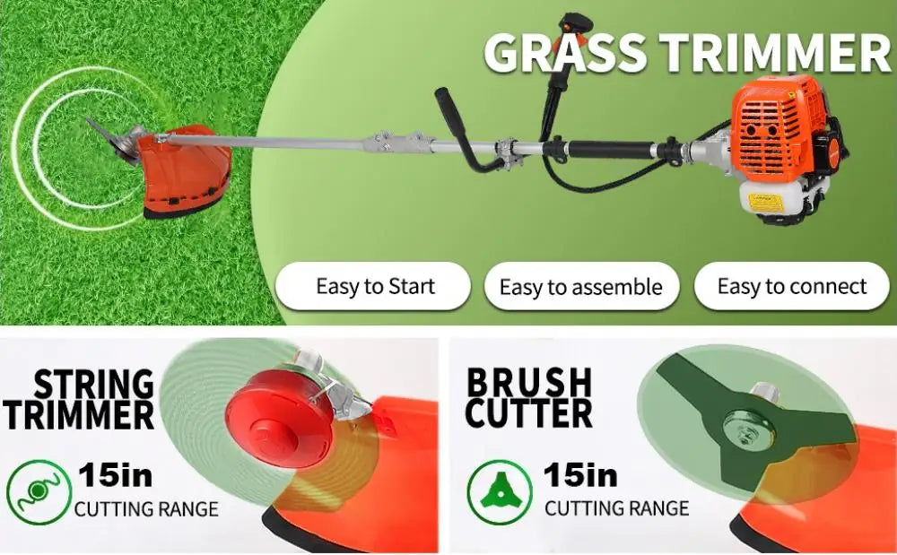 2200W Cordless Petrol Weed Eater 52CC 8500RPM Ergonomic String Trimmer Low Noise 2 In 1 Lawn Mower Machine