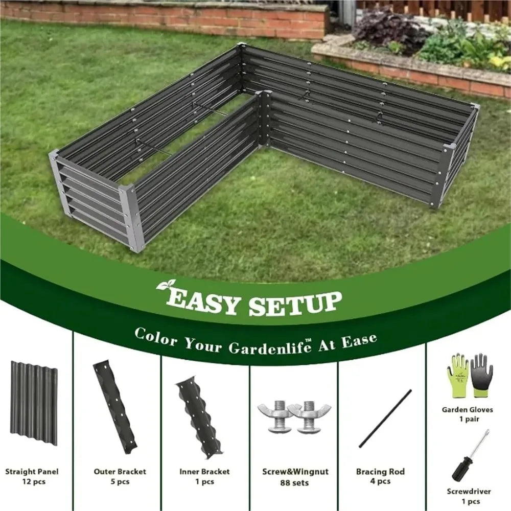 L Shaped Galvanized Raised Garden Beds Outdoor 74x74x18in Large Metal Planter Box for Planting Vegetables and Flowers