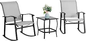 3 Piece Outdoor Rocking Bistro Set Textilene Fabric Small Patio Furniture Set Front Porch Rocker Chairs Conversation Set