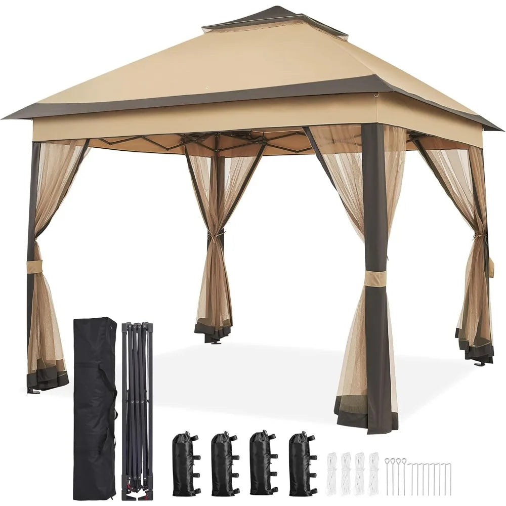 11x11 Pop Up Gazebo Outdoor Canopy Shelter Instant Patio Gazebo Sun Shade Canopy Tent with 4 Sandbags Double Tiers and Mesh Net