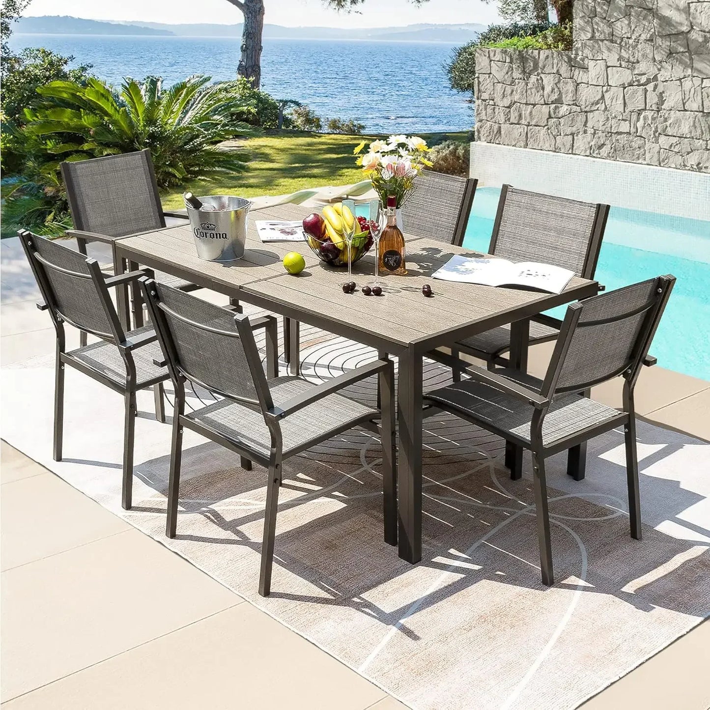 7 Piece Patio Dining Set with Weather Resistant Table and 6 Stackable Textilene Chairs for Garden Outdoor Furniture Set