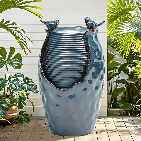 39" tall extra-large outdoor fountain with led lights, large ceramic vase water feature, soothing waterfalls for garden patio