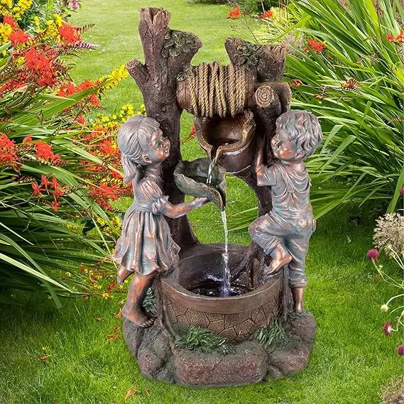 outdoor water fountain - cascading waterfall with soothing sounds and 4 led lights for garden or patio by (antique