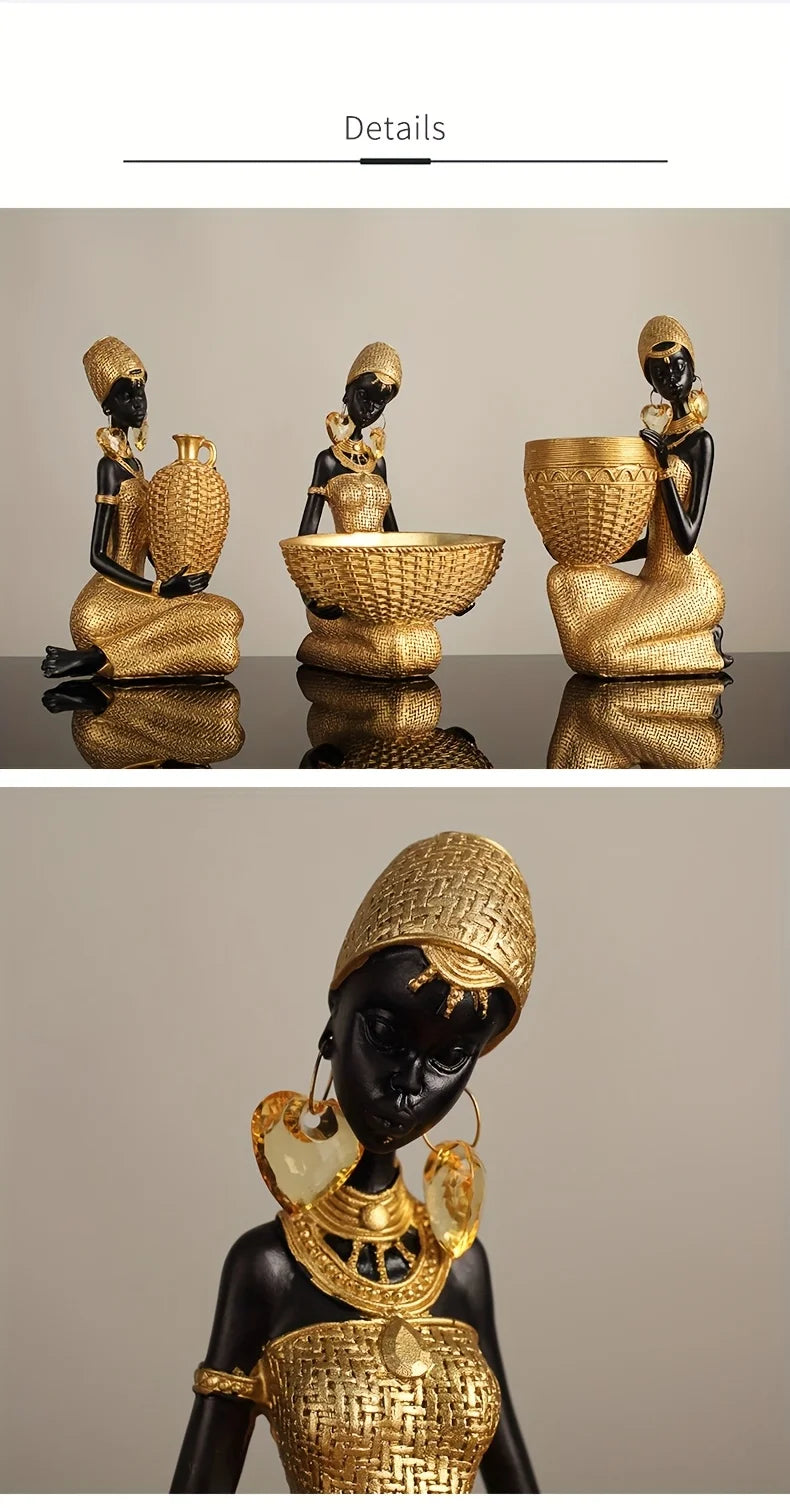 African Lady Resin Figurine with Woven Texture, Home decoration, Elegant Golden Black Sculpture, Decorative Statue For Gift