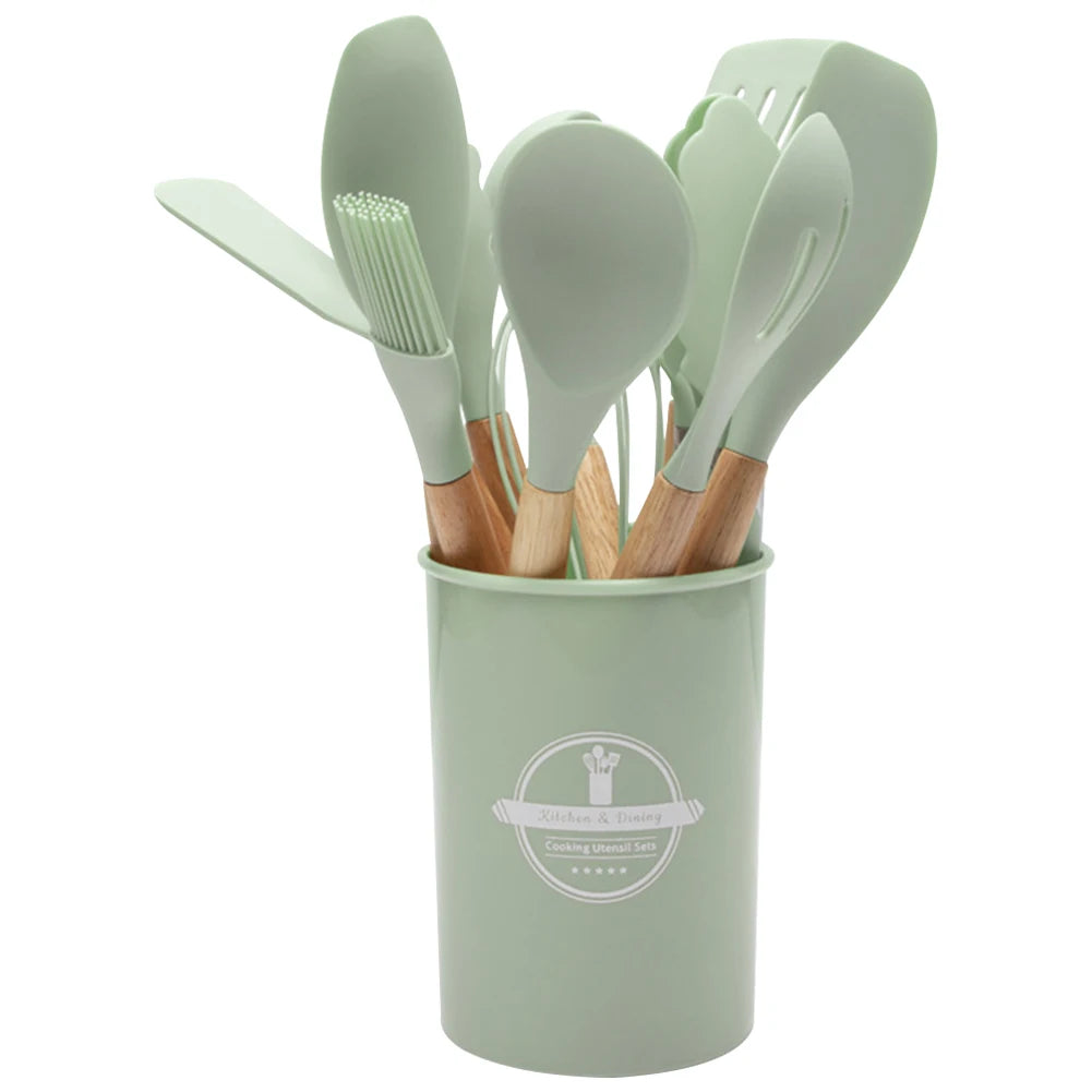 12Pcs Kitchen Utensil Set Silicone Spatula Set Wooden Handle Non-Stick Spatula Set Spatula Spoon Brush Whisk Kitchen Supplies