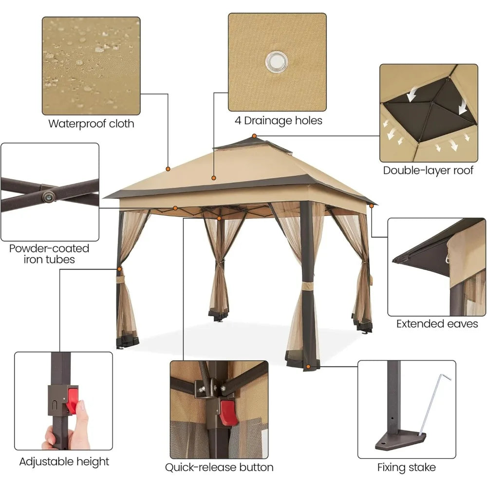 11x11 Pop Up Gazebo Outdoor Canopy Shelter Instant Patio Gazebo Sun Shade Canopy Tent with 4 Sandbags Double Tiers and Mesh Net