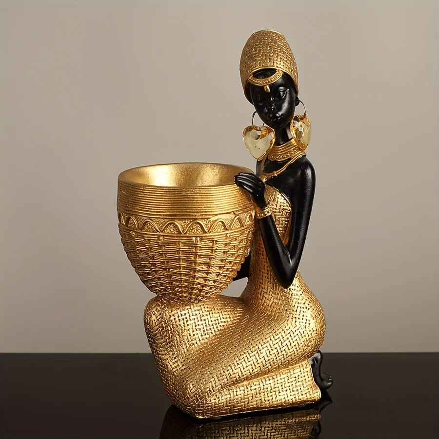 African Lady Resin Figurine with Woven Texture, Home decoration, Elegant Golden Black Sculpture, Decorative Statue For Gift