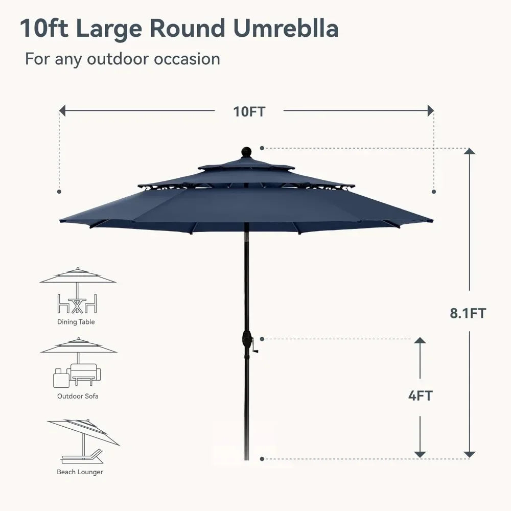 10ft Outdoor Patio Umbrellas 3 Tier Vented Market Table Umbrella Windproof for Backyard Deck Garden