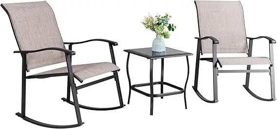 3 Piece Outdoor Rocking Bistro Set Textilene Fabric Small Patio Furniture Set Front Porch Rocker Chairs Conversation Set