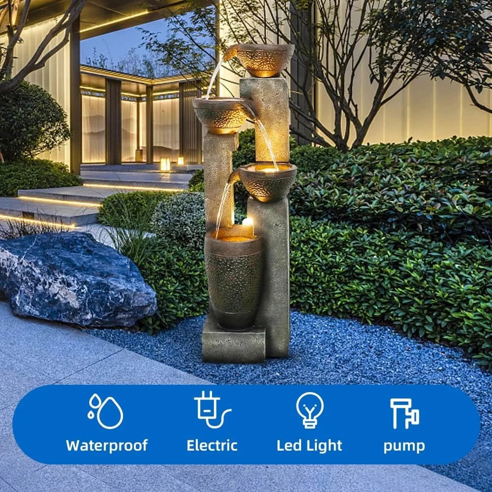 Lightweight 40 Inch 4 Tier Outdoor Garden Water Fountain with LED Light Electric Pump Relaxing Water Flow Home Patio Decor