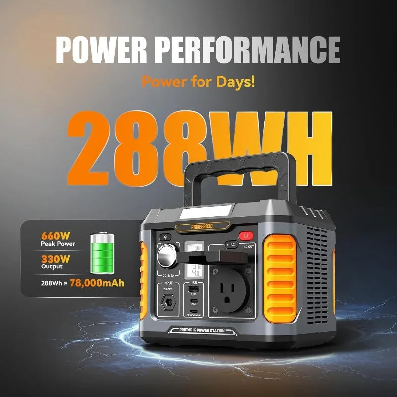 Portable Power Station 330W 660W Peak Solar Generator 288Wh Solar Power Bank 120V Pure Sine Wave AC Outlet 78000mAh Backup Lithium Battery for Home CPAP Camping Travel Outdoor