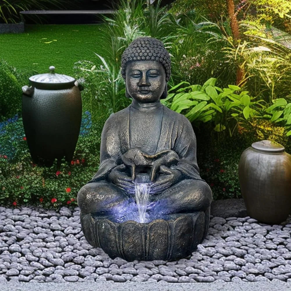 Buddha Water Fountain 28.3 Inch Zen Garden Decor Meditating Buddha Waterfall Relaxing Indoor Outdoor Feature with LED Light