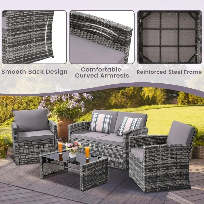 4 Pieces Patio Conversation Set with Cushioned Rattan Sectional Sofa Ideal for Garden Porch and Backyard in Grey Color