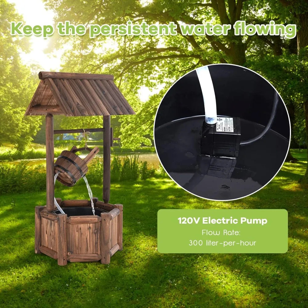 Wishing Well Water Fountain, Rustic Wood Outdoor Waterfall Fountain with UL Certificated, Garden Wishing Well, Electric Pump Wi