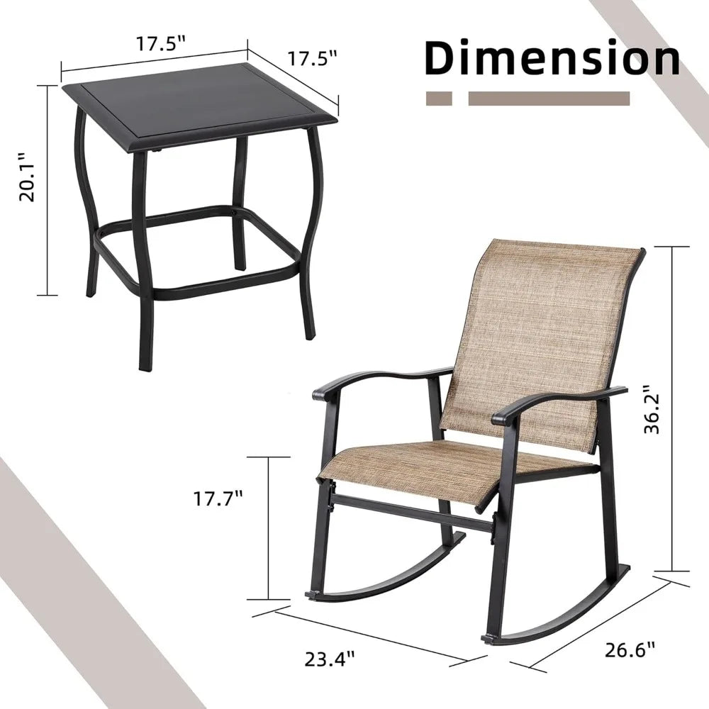 3 Piece Outdoor Rocking Bistro Set Textilene Fabric Small Patio Furniture Set Front Porch Rocker Chairs Conversation Set