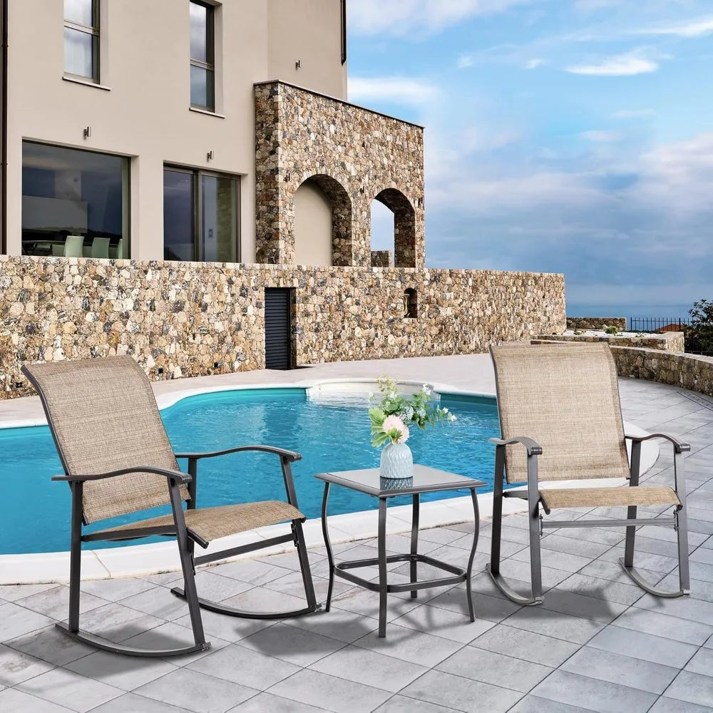 3 Piece Outdoor Rocking Bistro Set Textilene Fabric Small Patio Furniture Set Front Porch Rocker Chairs Conversation Set