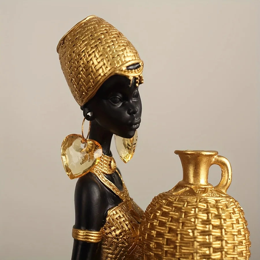 African Lady Resin Figurine with Woven Texture, Home decoration, Elegant Golden Black Sculpture, Decorative Statue For Gift