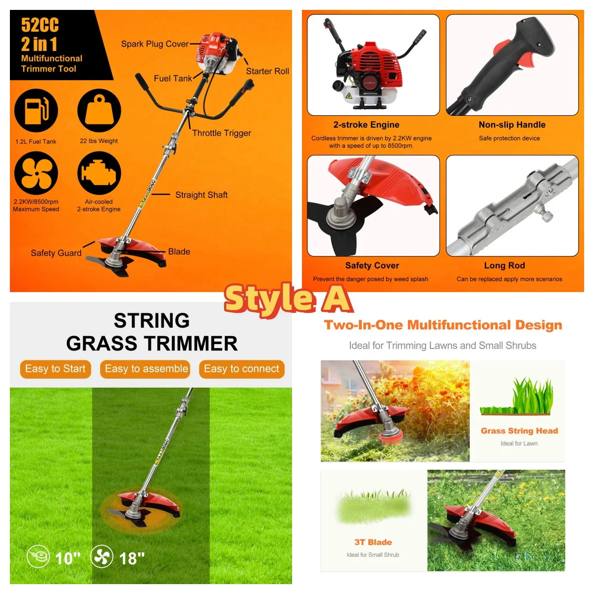 2200W Cordless Petrol Weed Eater 52CC 8500RPM Ergonomic String Trimmer Low Noise 2 In 1 Lawn Mower Machine