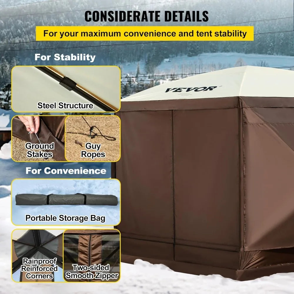 Camping Gazebo Screen Tent 10x10ft 6 Sided Pop Up Canopy Shelter with Mesh Windows Portable Carry Bag and Stakes Large