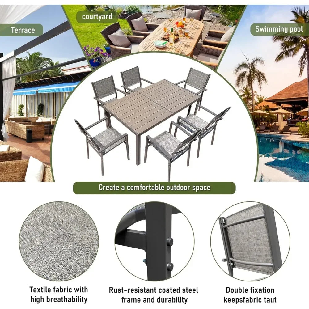 7 Piece Patio Dining Set with Weather Resistant Table and 6 Stackable Textilene Chairs for Garden Outdoor Furniture Set