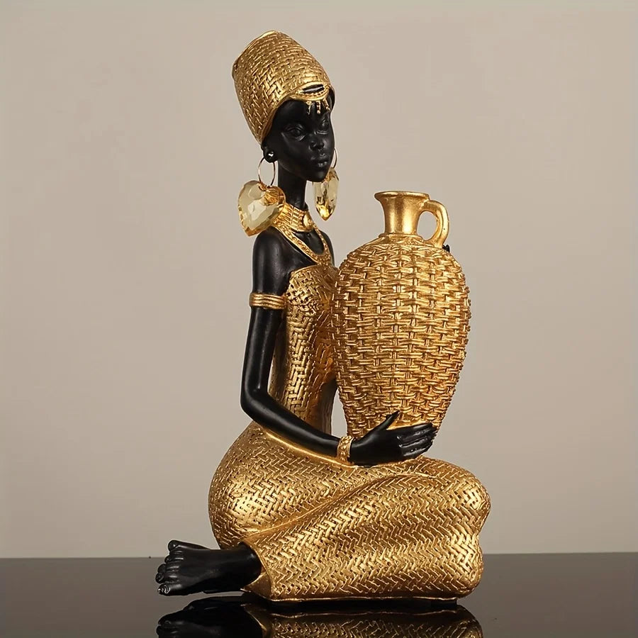 African Lady Resin Figurine with Woven Texture, Home decoration, Elegant Golden Black Sculpture, Decorative Statue For Gift