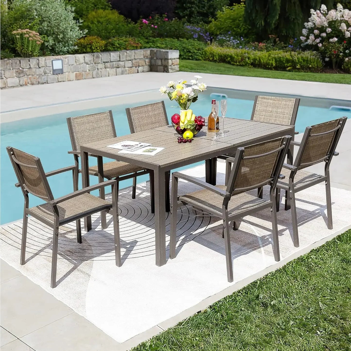 7 Piece Patio Dining Set with Weather Resistant Table and 6 Stackable Textilene Chairs for Garden Outdoor Furniture Set