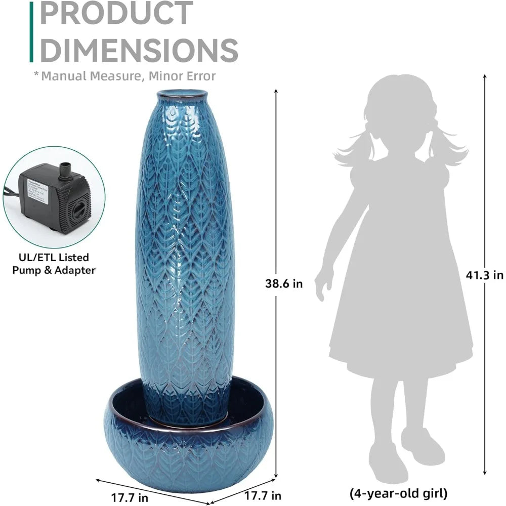 39" tall extra-large outdoor fountain with led lights, large ceramic vase water feature, soothing waterfalls for garden patio