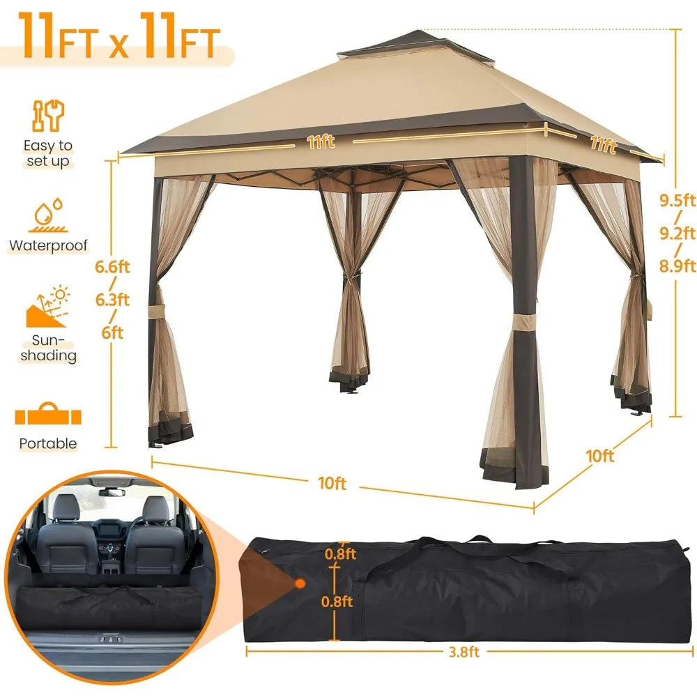 11x11 Pop Up Gazebo Outdoor Canopy Shelter Instant Patio Gazebo Sun Shade Canopy Tent with 4 Sandbags Double Tiers and Mesh Net