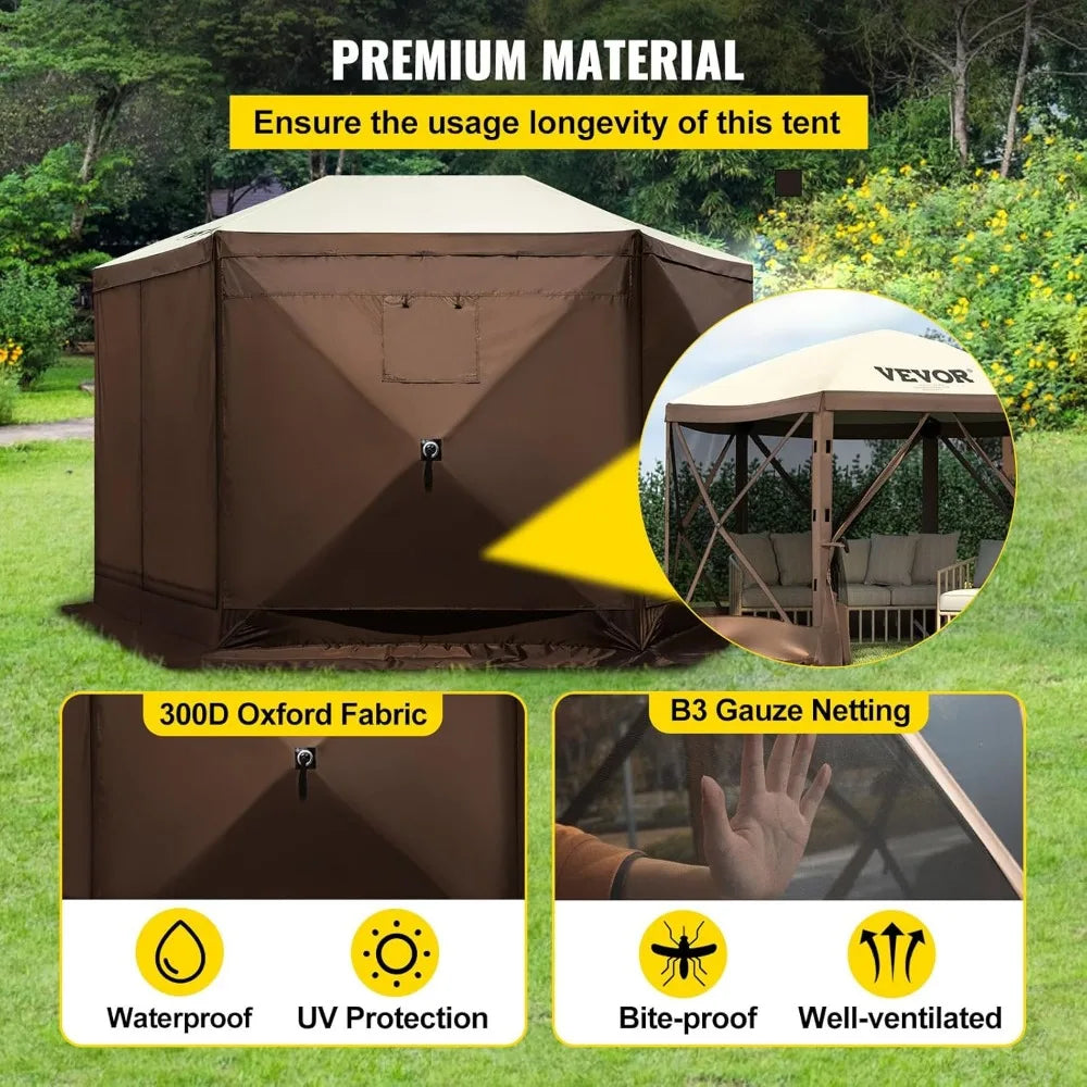 Camping Gazebo Screen Tent 10x10ft 6 Sided Pop Up Canopy Shelter with Mesh Windows Portable Carry Bag and Stakes Large