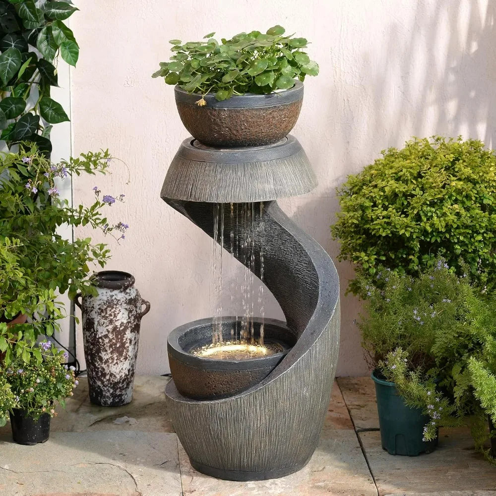 31.9" S-Shaped Water Outdoor Fountain–Modern Cascading Waterfall Feature with LED Lights & Planter Bowl, Garden Fountains Outdoo
