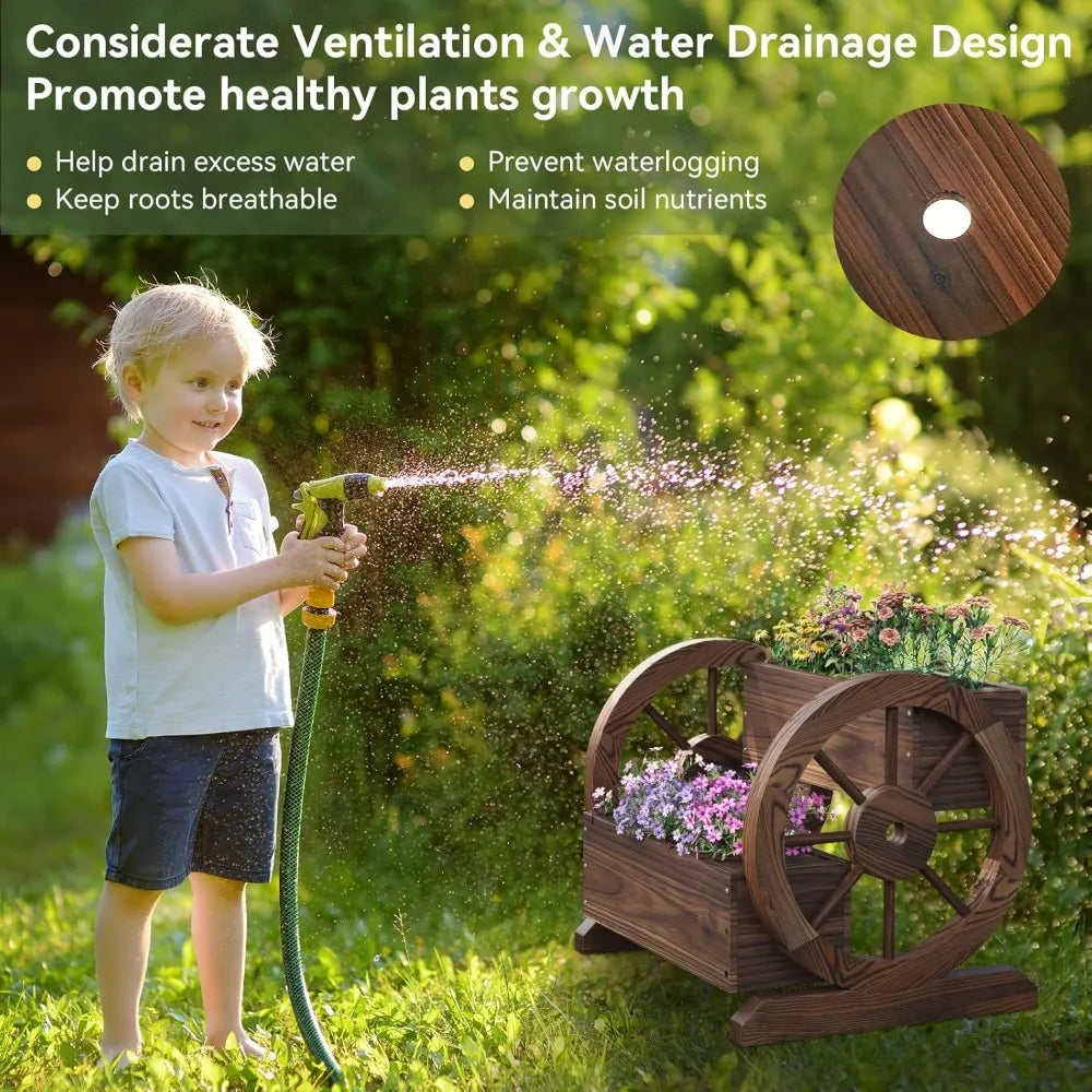 2 Tier Planter for Outdoor Plants Garden Decor Flower Pots Patio Decoration Herb Cart with Rustic Wood Wheels