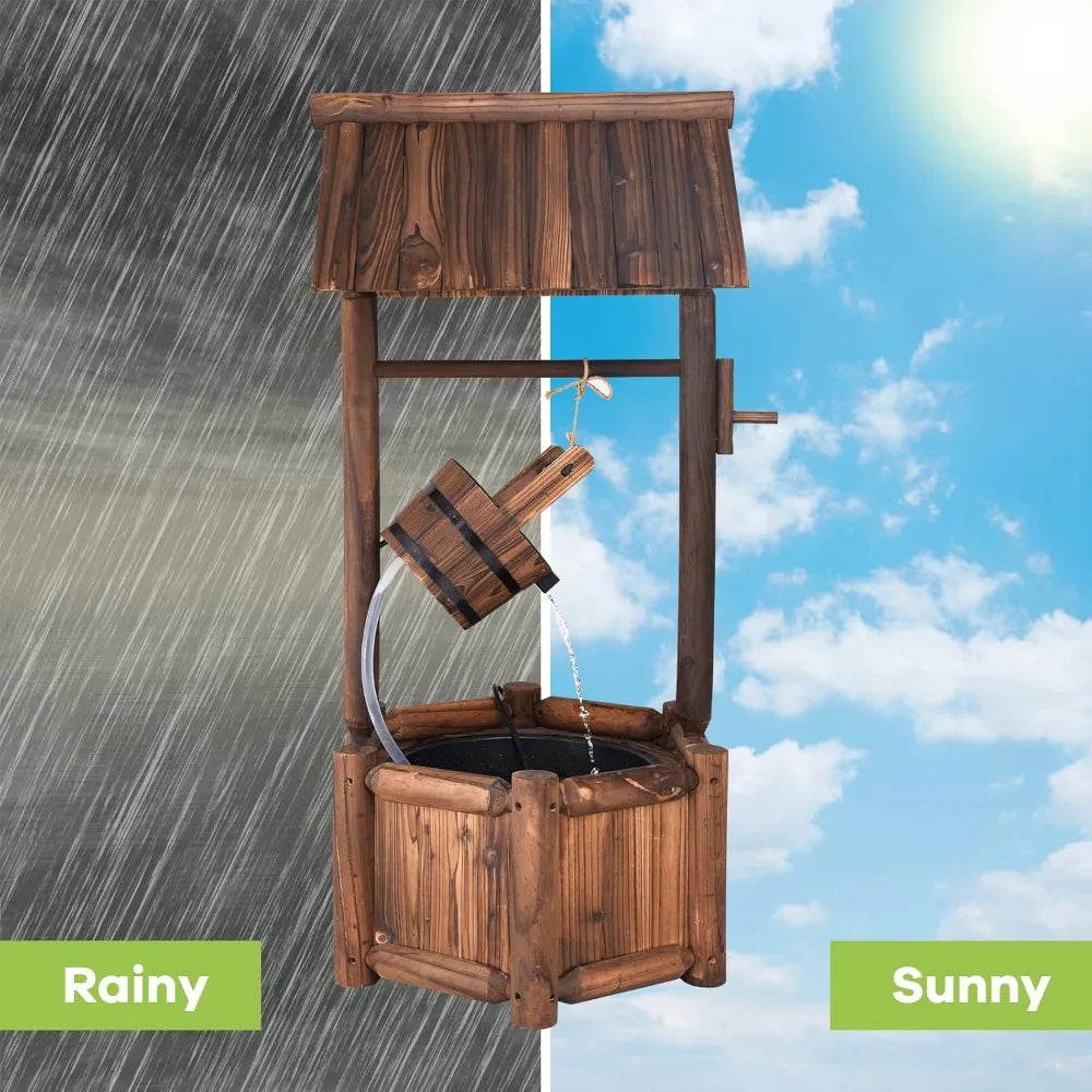 Wishing Well Water Fountain, Rustic Wood Outdoor Waterfall Fountain with UL Certificated, Garden Wishing Well, Electric Pump Wi