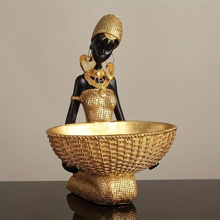 African Lady Resin Figurine with Woven Texture, Home decoration, Elegant Golden Black Sculpture, Decorative Statue For Gift