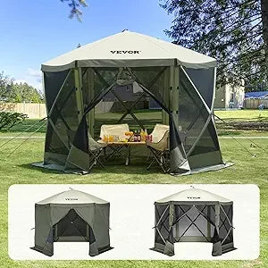 Camping Gazebo Screen Tent 10x10ft 6 Sided Pop Up Canopy Shelter with Mesh Windows Portable Carry Bag and Stakes Large