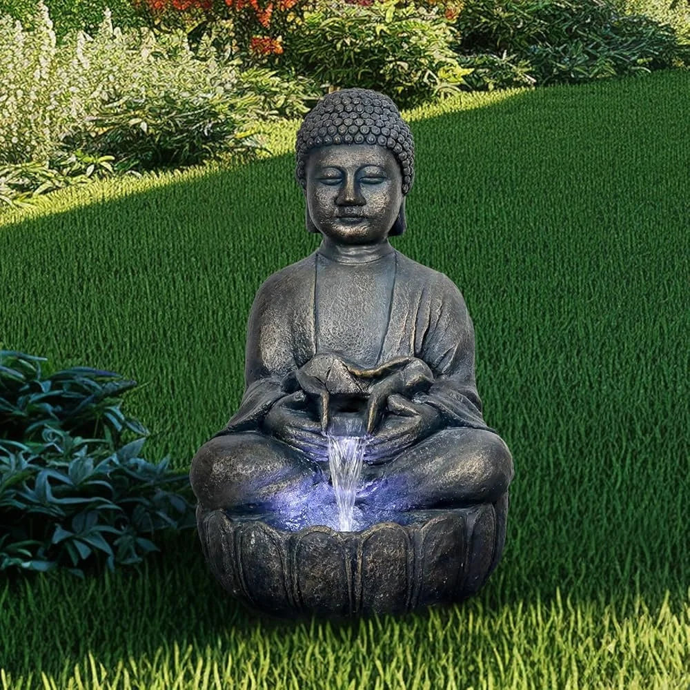 Buddha Water Fountain 28.3 Inch Zen Garden Decor Meditating Buddha Waterfall Relaxing Indoor Outdoor Feature with LED Light